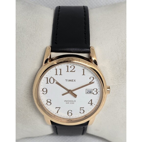 Unisex Timex Indiglo Round Date Rose Gold Tone White Dial Black Leather Watch 13 - Picture 4 of 9